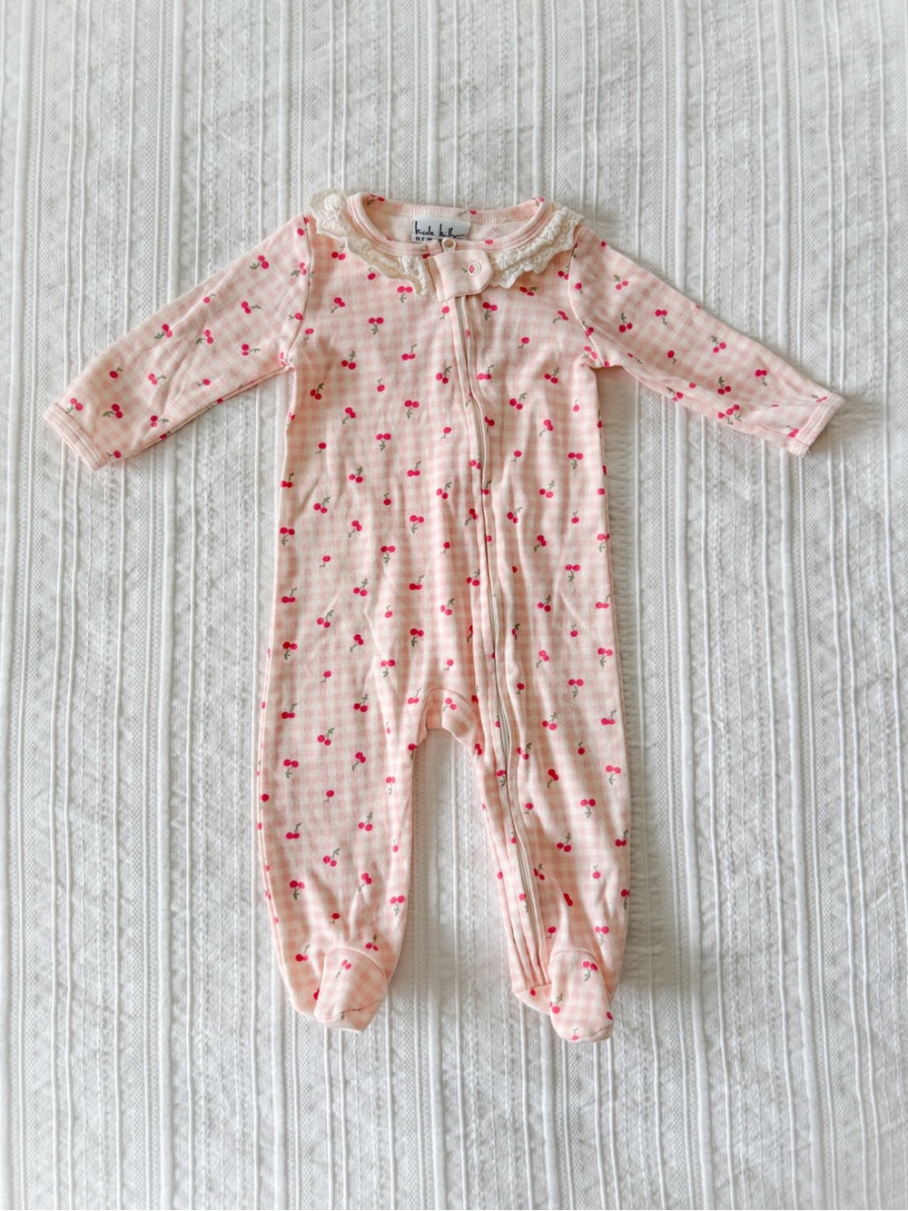 NWOT Nicole Miller Baby Girl Cherry Gingham Footie Romper One-Piece Pink 3–6M